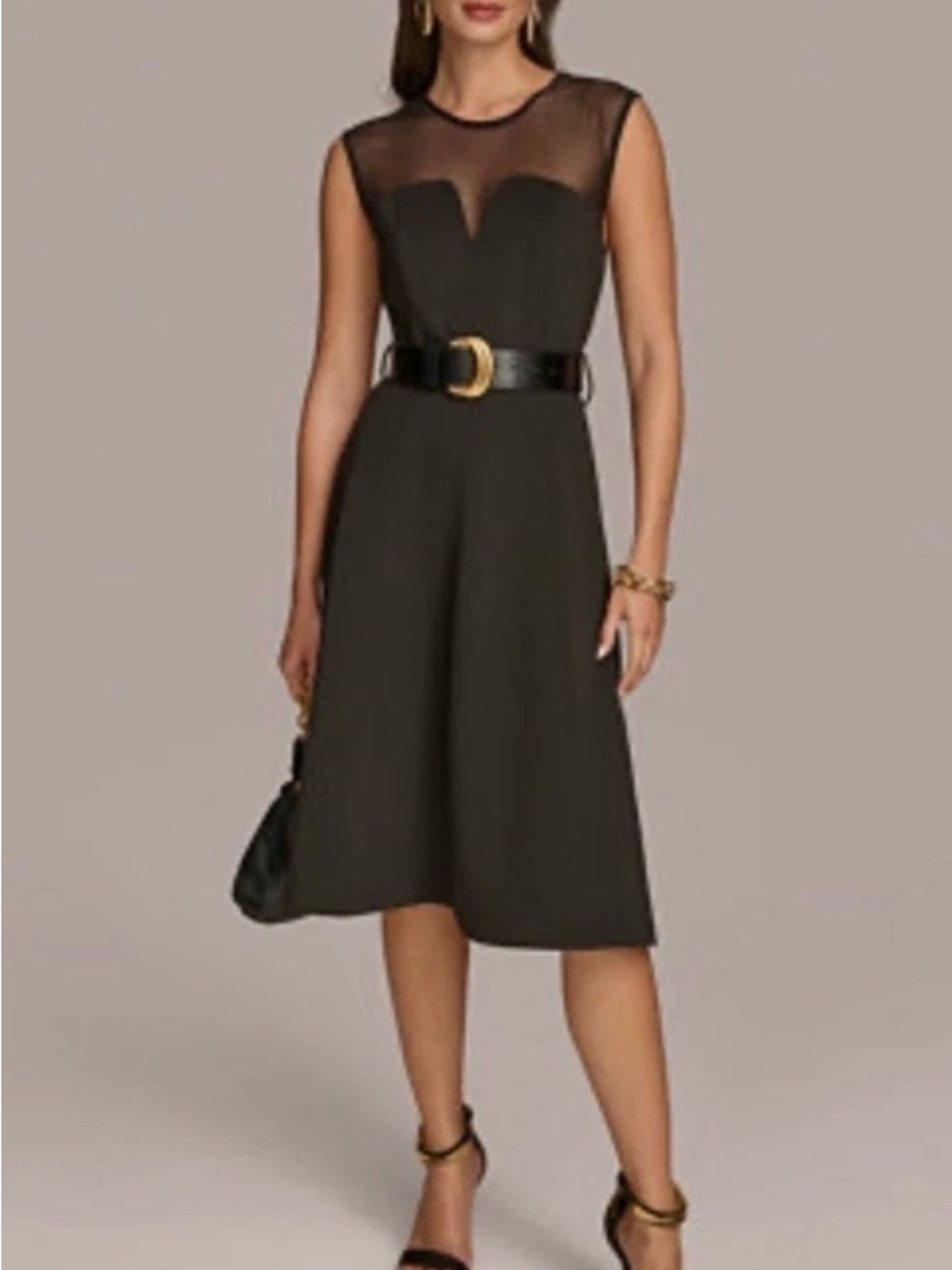 Donna Karan New York NWT Black Mesh Belted Midi Dress Size 4